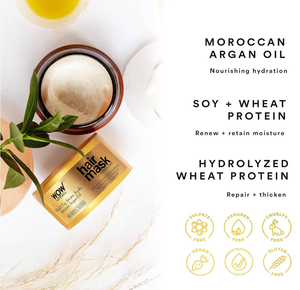 WOW Skin Science Wheat & Soy Amino Acids, Moroccan Argan Oil Hair Mask for Normal Hair, 200mL Scent Name:200 ml (Pack of 1)