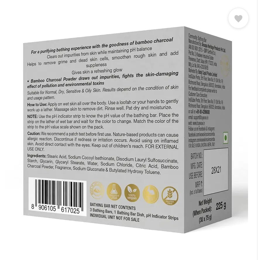 WOW SKIN SCIENCE Activated Bamboo Charcoal Bathing Bar - with Bamboo Charcoal Powder - Super Value Pack of 3 - Skin-Friendly with 5.5 pH - No Parabens, Mineral Oil, Phthalates, Sulphate - 225g  (3 x 75 g)