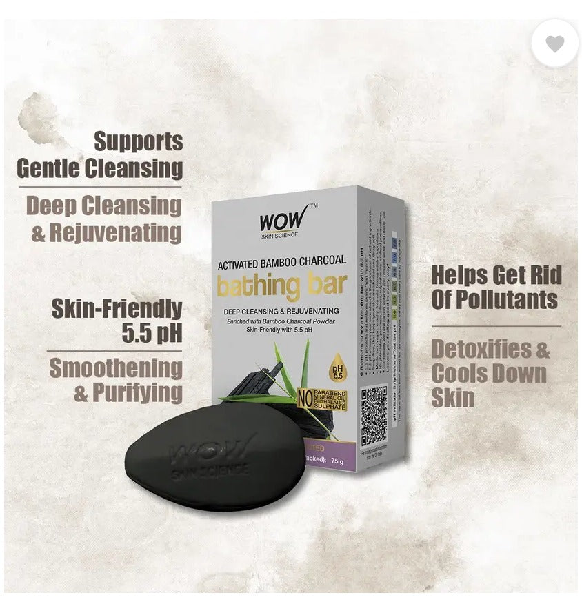 WOW SKIN SCIENCE Activated Bamboo Charcoal Bathing Bar - with Bamboo Charcoal Powder - Super Value Pack of 1 - Skin-Friendly with 5.5 pH - No Parabens, Mineral Oil, Phthalates, Sulphate -  (1 x 75 g)