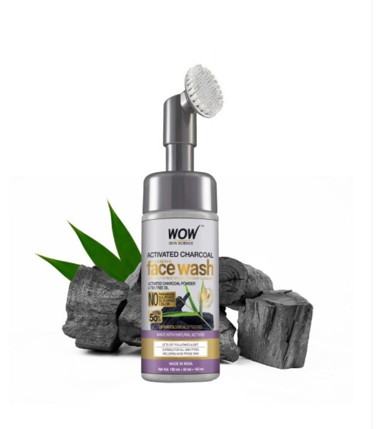 WOW SKIN SCIENCE Activated Charcoal Foaming Face Wash with Built-In Face Brush - 150 ml
