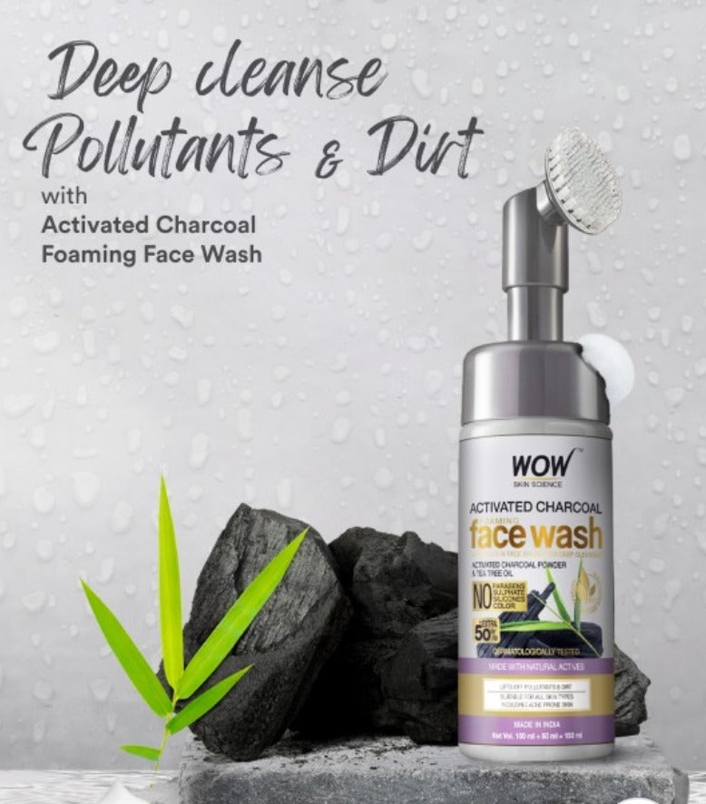 WOW SKIN SCIENCE Activated Charcoal Foaming Face Wash with Built-In Face Brush - 150 ml