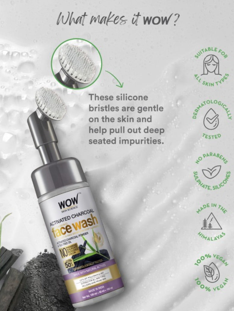 WOW SKIN SCIENCE Activated Charcoal Foaming Face Wash with Built-In Face Brush - 150 ml