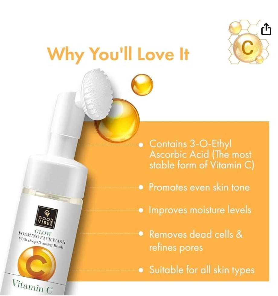 Good Vibes Vitamin C Glow Foaming Face Wash With Deep Cleansing Brush, 150 ml Non-Drying Brightening Face Cleanser For Clear Skin | No Parabens, No Sulphates, No Animal Testing