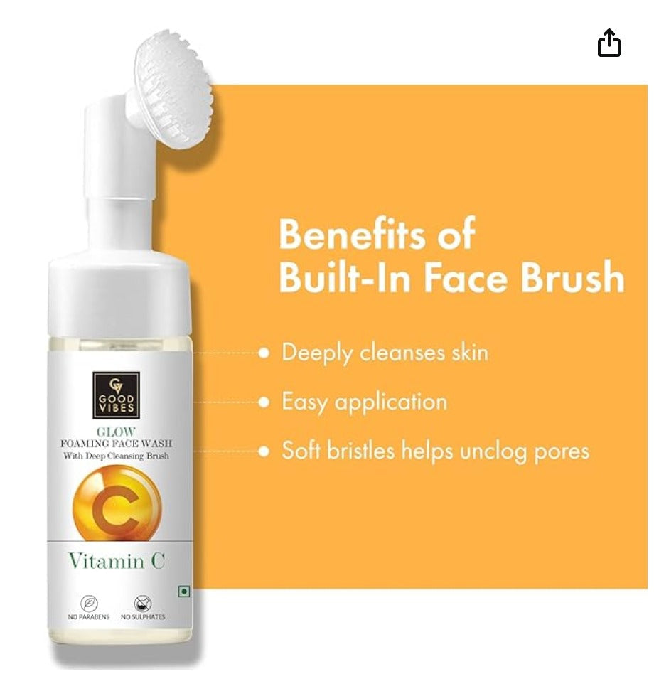 Good Vibes Vitamin C Glow Foaming Face Wash With Deep Cleansing Brush, 150 ml Non-Drying Brightening Face Cleanser For Clear Skin | No Parabens, No Sulphates, No Animal Testing