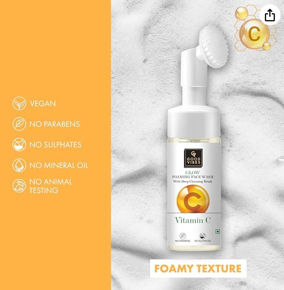 Good Vibes Vitamin C Glow Foaming Face Wash With Deep Cleansing Brush, 150 ml Non-Drying Brightening Face Cleanser For Clear Skin | No Parabens, No Sulphates, No Animal Testing