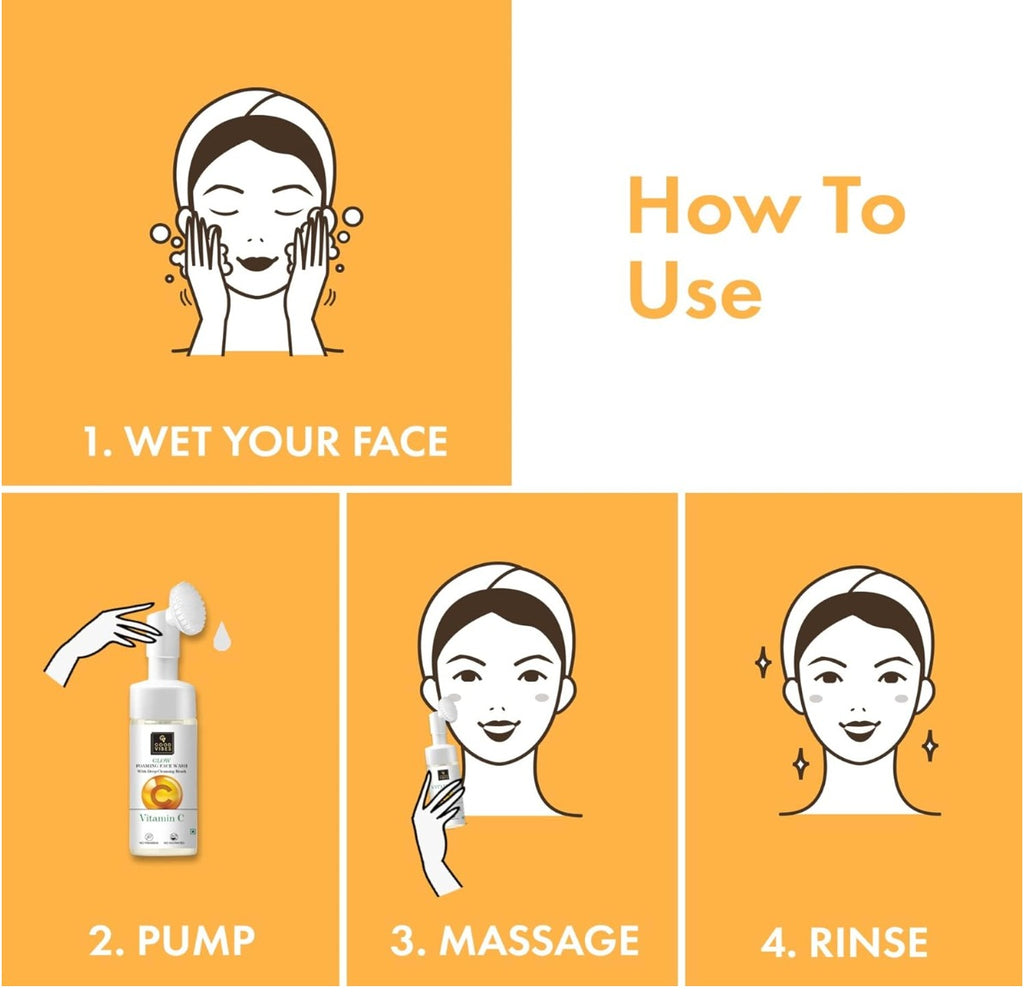 Good Vibes Vitamin C Glow Foaming Face Wash With Deep Cleansing Brush, 150 ml Non-Drying Brightening Face Cleanser For Clear Skin | No Parabens, No Sulphates, No Animal Testing