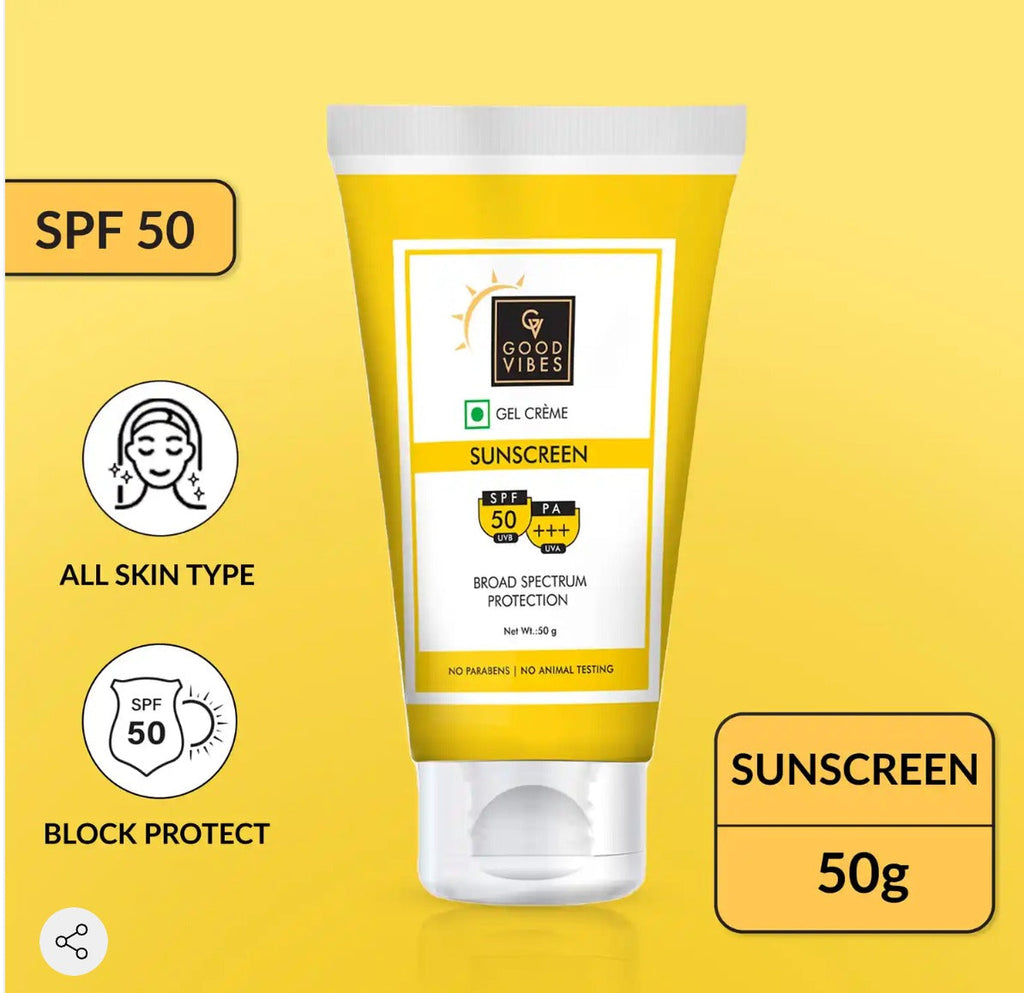 Good Vibes UVA & UVB Protection SPF 50 PA+++ Broad Spectrum Gel Creme | Water Resistant, Anti-Ageing | No Parabens, No Animal Testing (50 g)