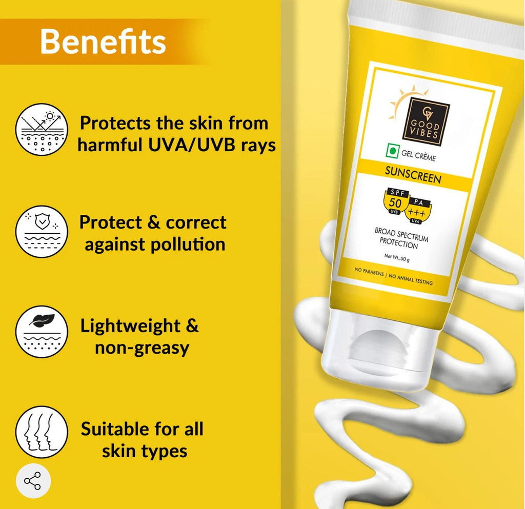 Good Vibes UVA & UVB Protection SPF 50 PA+++ Broad Spectrum Gel Creme | Water Resistant, Anti-Ageing | No Parabens, No Animal Testing (50 g)