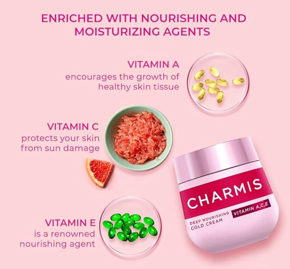 Charmis Deep Nourishing Cold Cream with Vitamin A, C, E, 100ml, for Glowing and Moisturized Skin, for All Skin Types