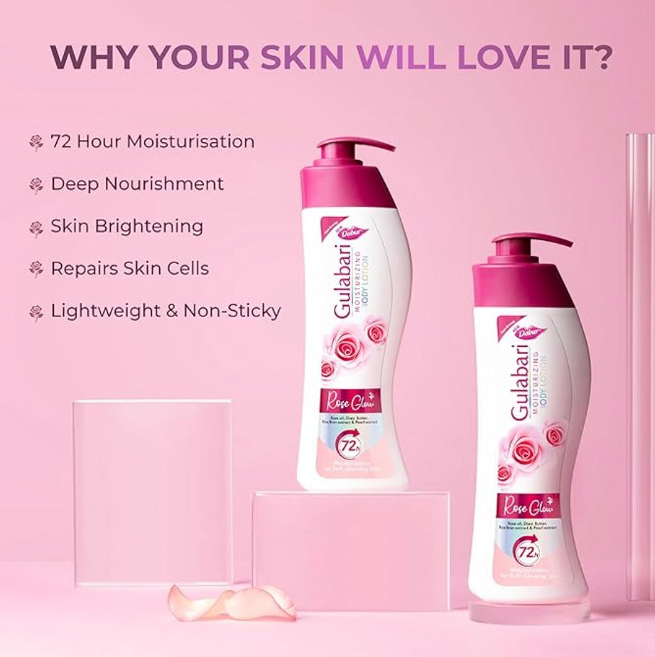 Dabur Gulabari Moisturizing Body Lotion - 200ml For Dry & Dull Skin, Made with 100% Organic Rose Oil, Dermatologically Tested and Paraben Free